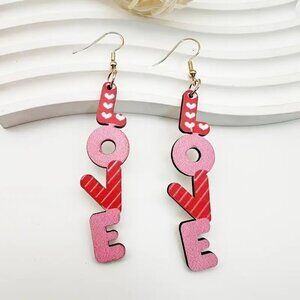 Valentine'S Day Love Themed Wooden Drop & Dangle Earrings (New)